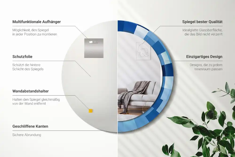 Oglindă rotundă decorativă de perete cu model abstract albastru