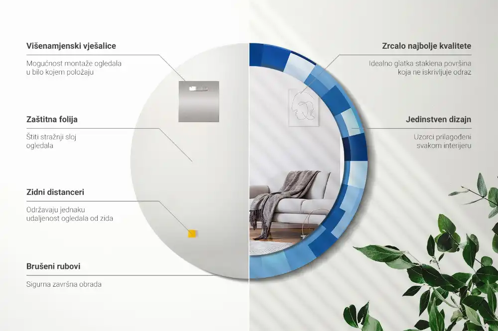 Oglindă rotundă decorativă de perete cu model abstract albastru