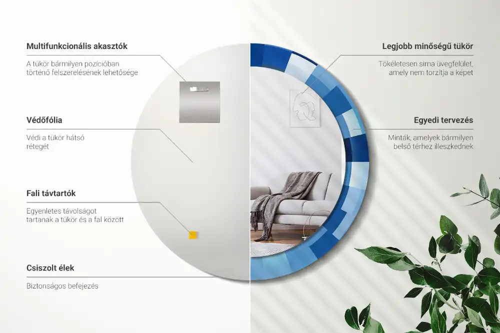 Oglindă rotundă decorativă de perete cu model abstract albastru