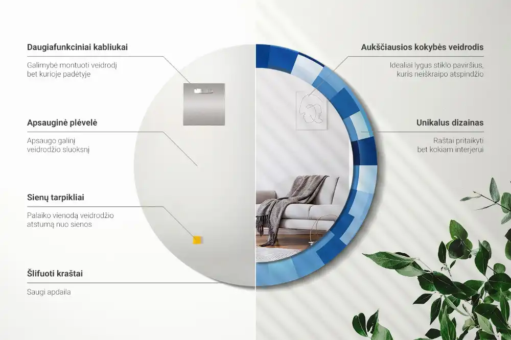 Oglindă rotundă decorativă de perete cu model abstract albastru