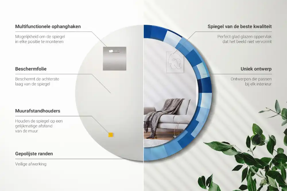 Oglindă rotundă decorativă de perete cu model abstract albastru