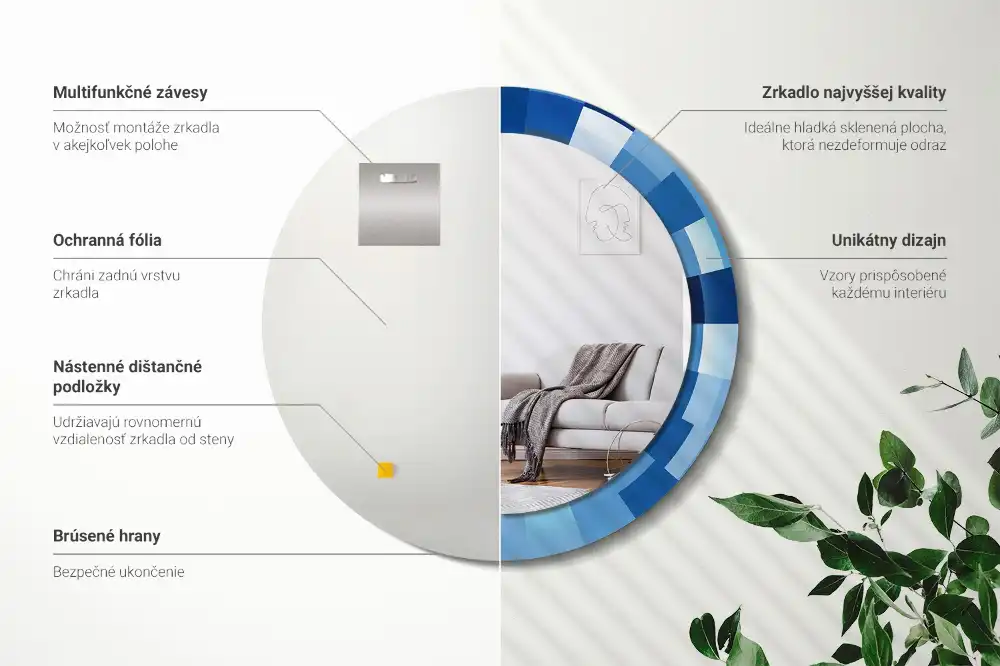 Oglindă rotundă decorativă de perete cu model abstract albastru