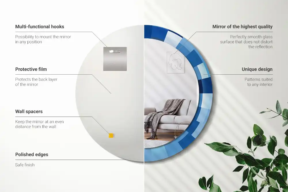 Oglindă rotundă decorativă de perete cu model abstract albastru