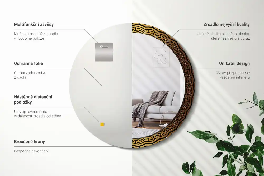 Oglindă rotundă decorativă de perete cu ornament grecesc