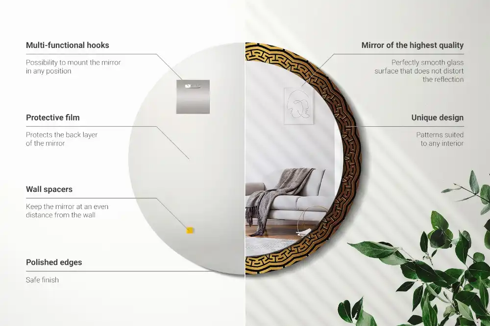 Oglindă rotundă decorativă de perete cu ornament grecesc