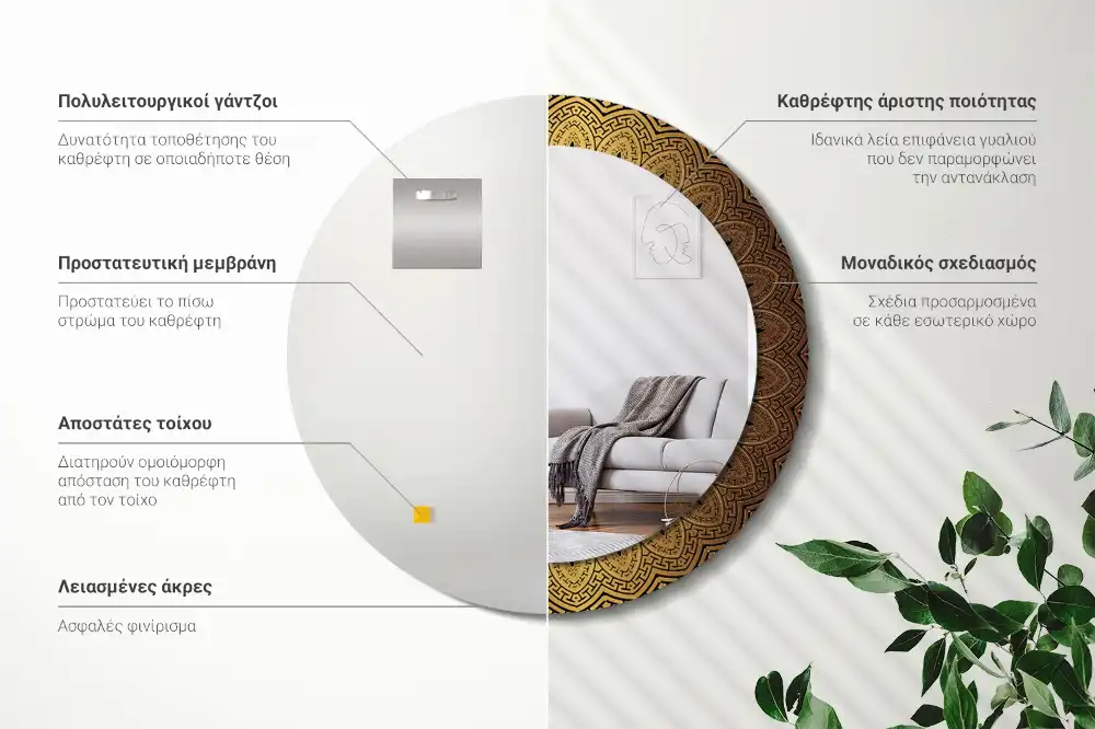 Oglindă rotundă decorativă de perete cu ornament grecesc