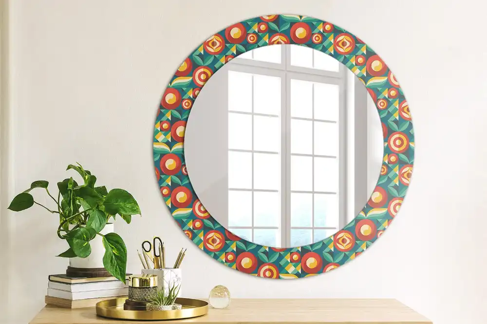 Oglindă decorativă rotundă cu design geometric de fructe și frunze