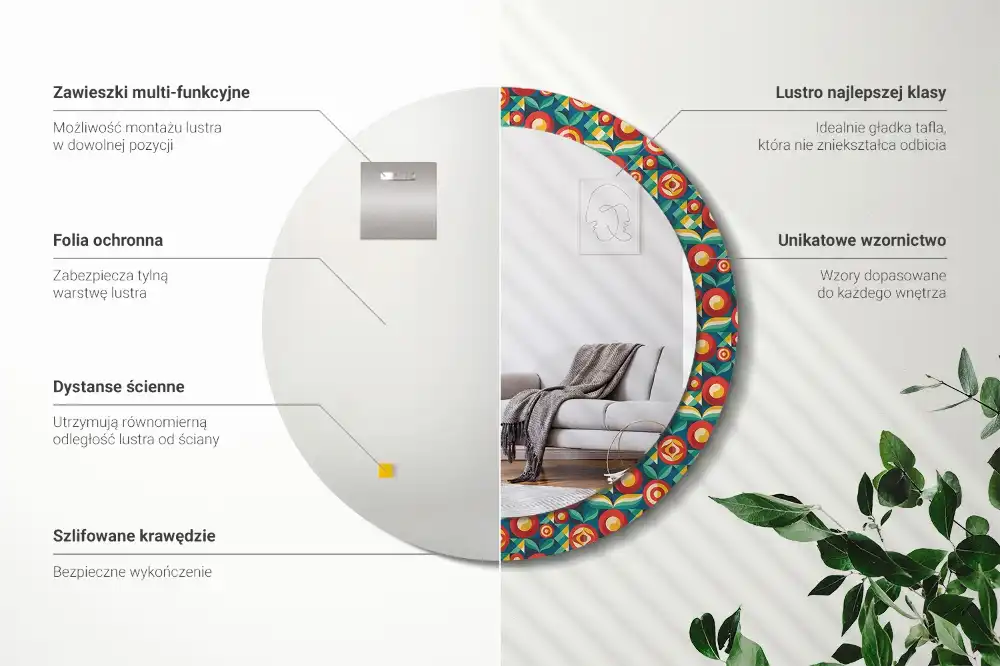 Oglindă decorativă rotundă cu design geometric de fructe și frunze