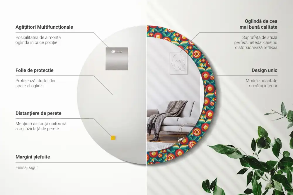 Oglindă decorativă rotundă cu design geometric de fructe și frunze