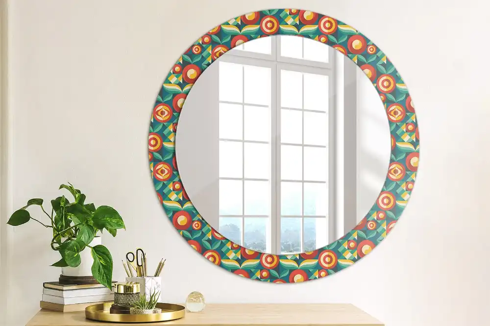 Oglindă decorativă rotundă cu design geometric de fructe și frunze