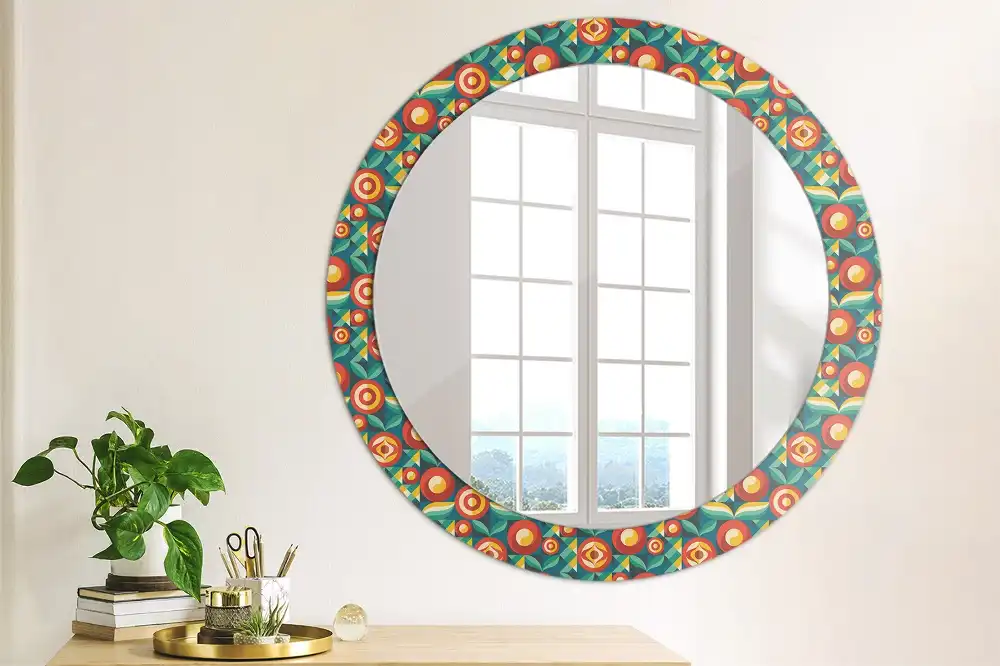 Oglindă decorativă rotundă cu design geometric de fructe și frunze