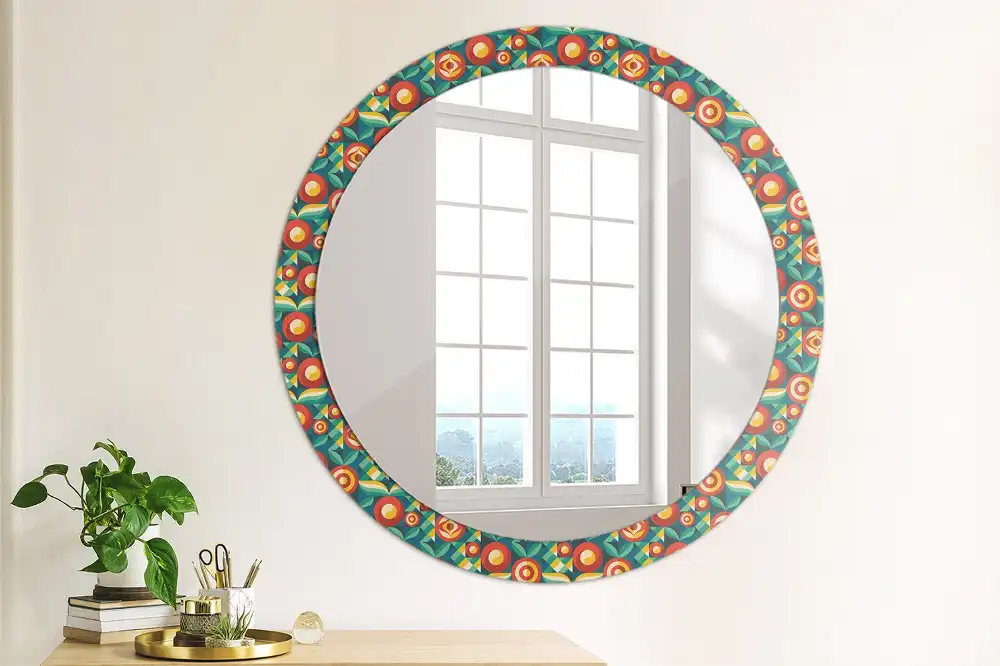 Oglindă decorativă rotundă cu design geometric de fructe și frunze