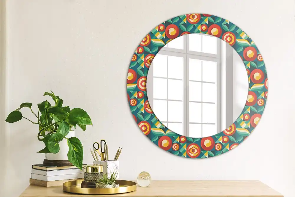 Oglindă decorativă rotundă cu design geometric de fructe și frunze