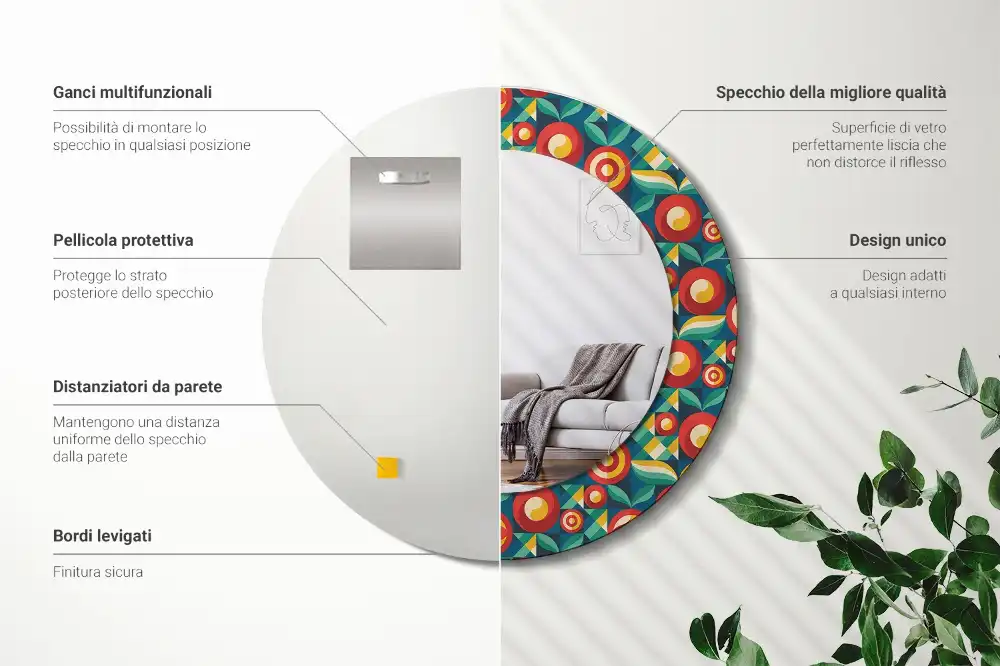 Oglindă decorativă rotundă cu design geometric de fructe și frunze