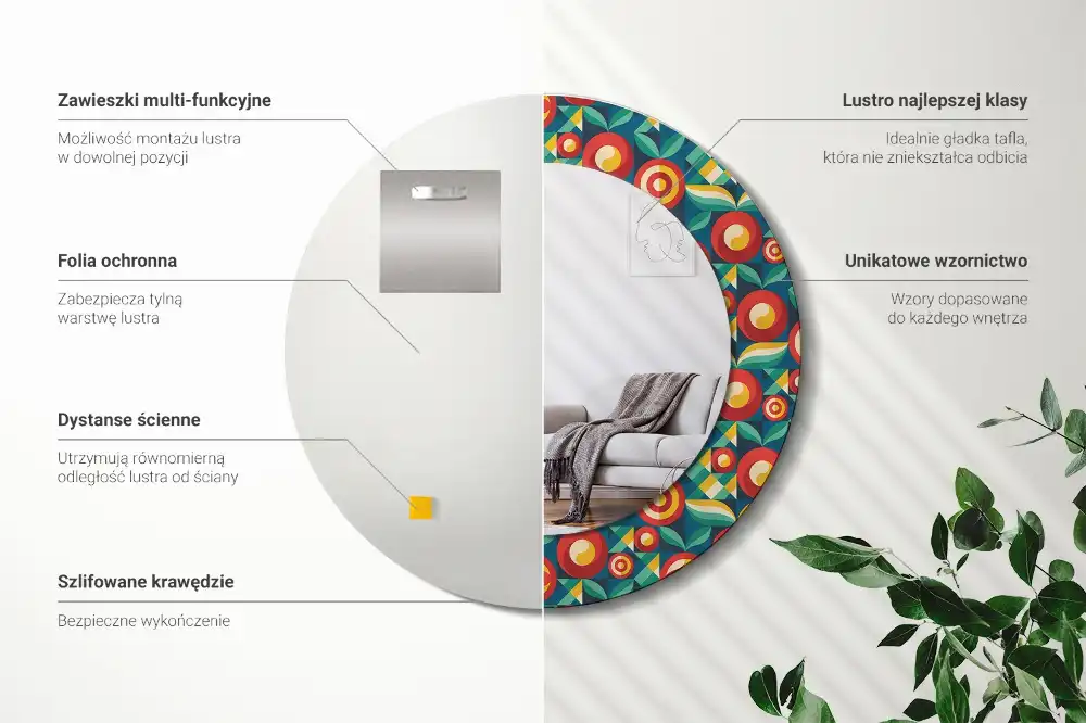 Oglindă decorativă rotundă cu design geometric de fructe și frunze