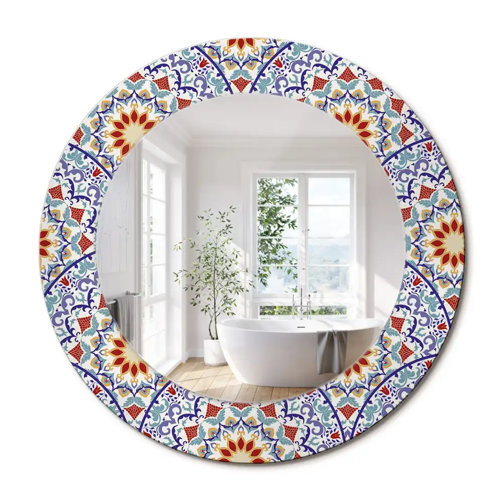 Oglindă rotundă decorativă cu compoziție orientală pentru perete
