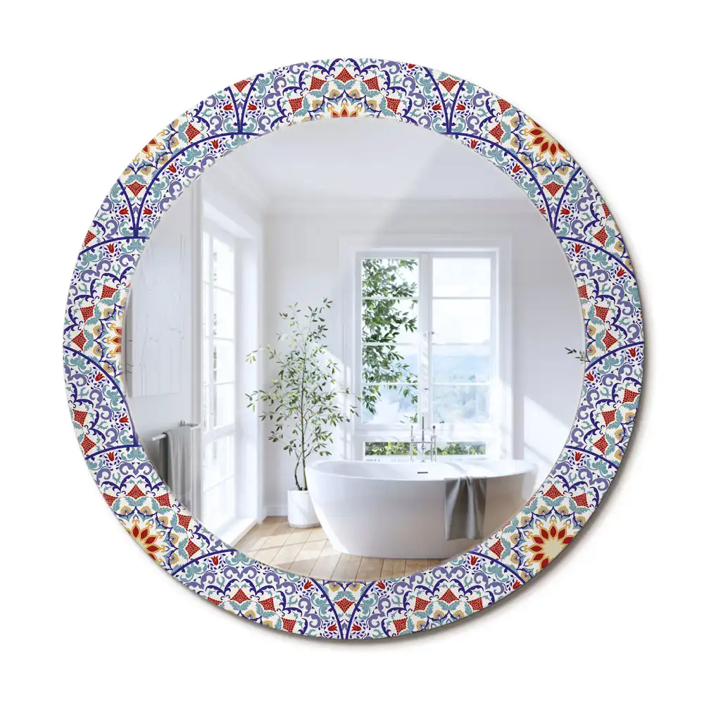Oglindă rotundă decorativă cu compoziție orientală pentru perete