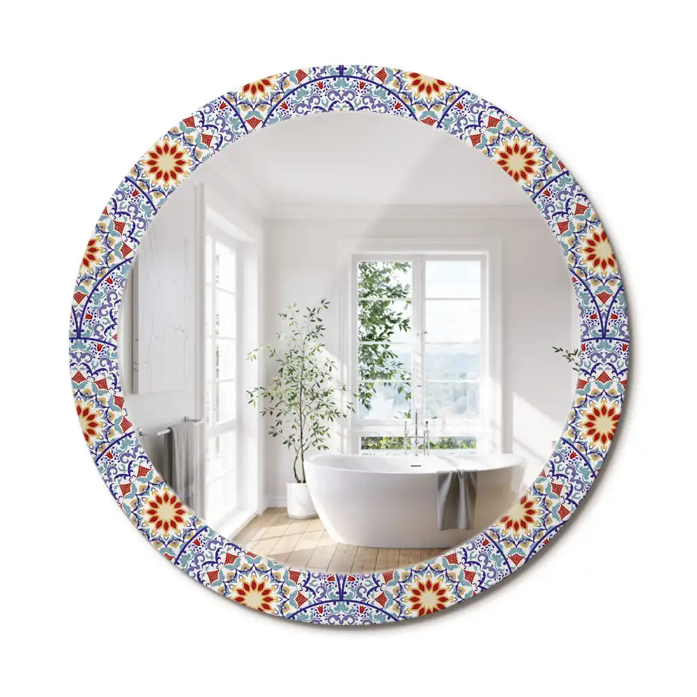 Oglindă rotundă decorativă cu compoziție orientală pentru perete