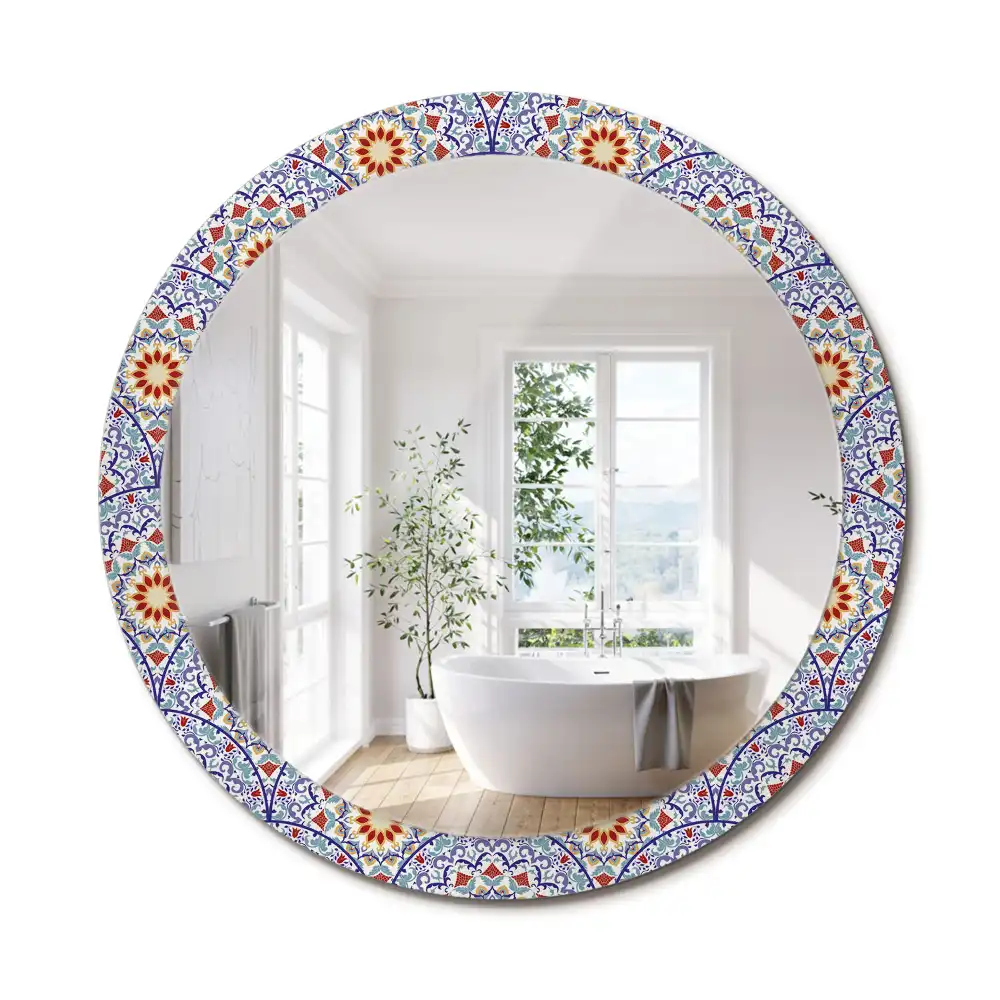 Oglindă rotundă decorativă cu compoziție orientală pentru perete