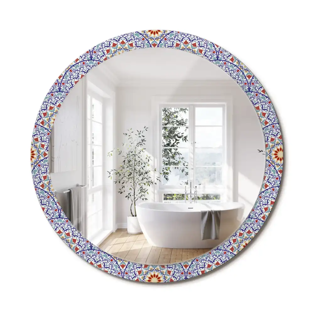 Oglindă rotundă decorativă cu compoziție orientală pentru perete