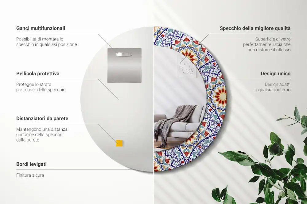 Oglindă rotundă decorativă cu compoziție orientală pentru perete