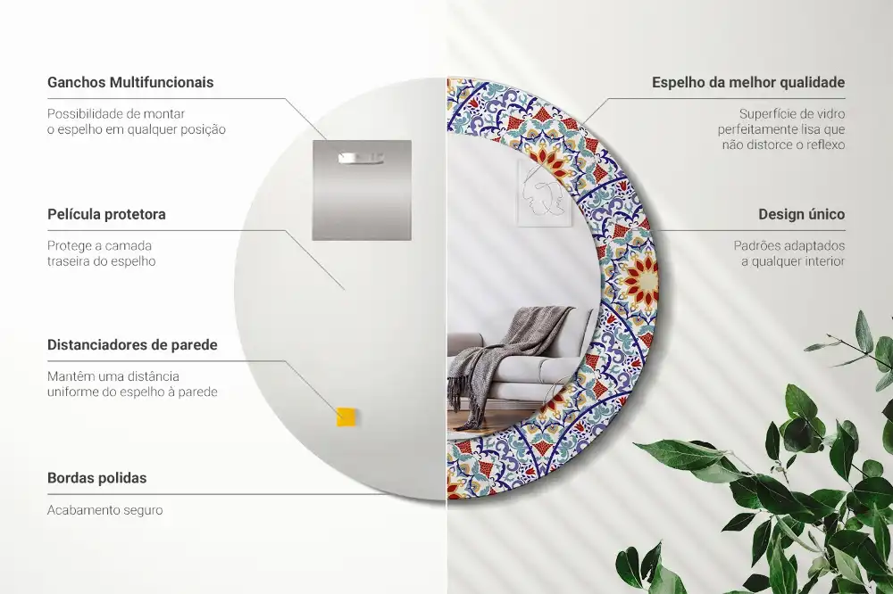 Oglindă rotundă decorativă cu compoziție orientală pentru perete