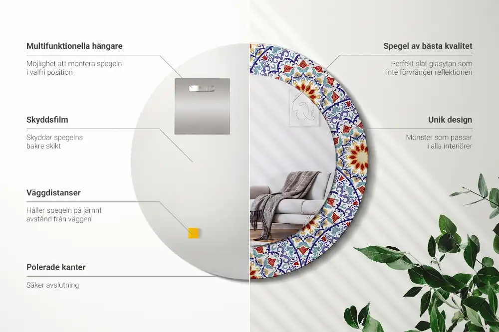 Oglindă rotundă decorativă cu compoziție orientală pentru perete