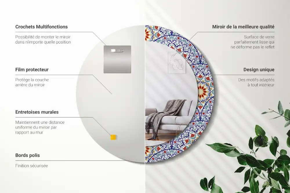 Oglindă rotundă decorativă cu compoziție orientală pentru perete