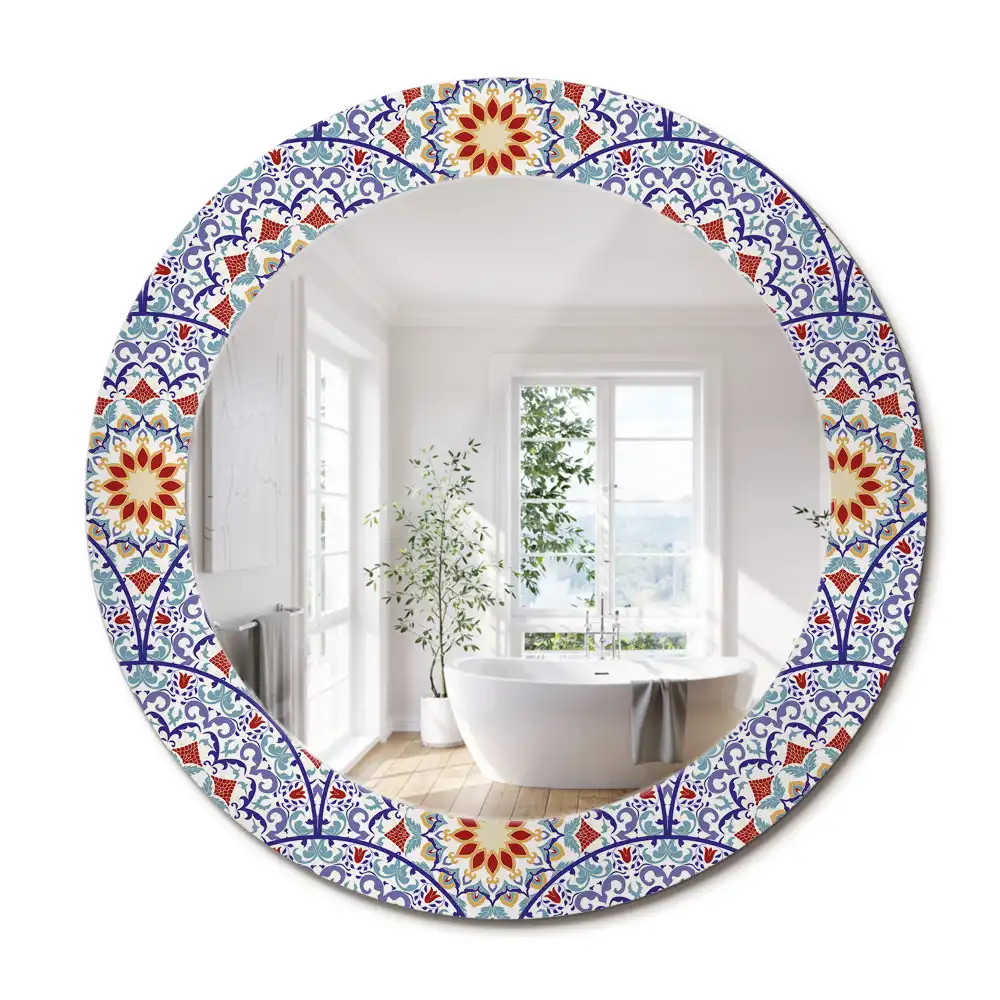 Oglindă rotundă decorativă cu compoziție orientală pentru perete