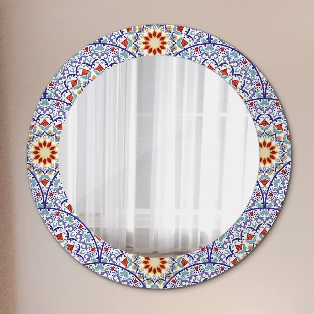 Oglindă rotundă decorativă cu compoziție orientală pentru perete