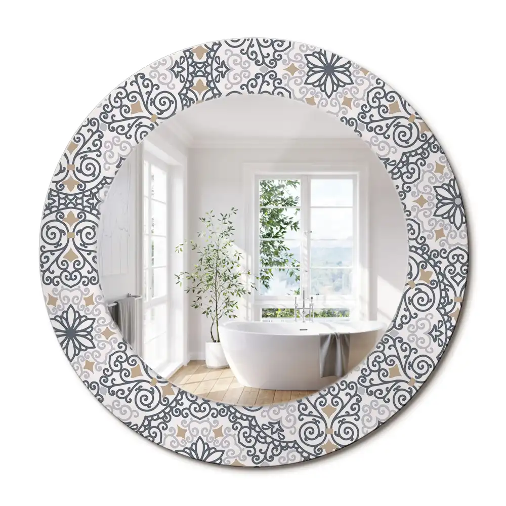Oglindă rotundă decorativă de perete cu ornamente geometrice