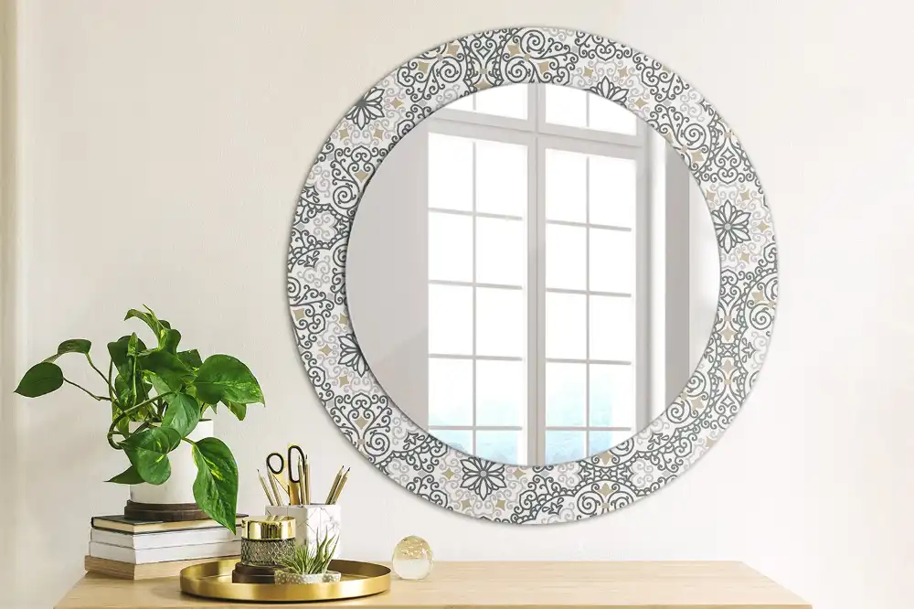 Oglindă rotundă decorativă de perete cu ornamente geometrice