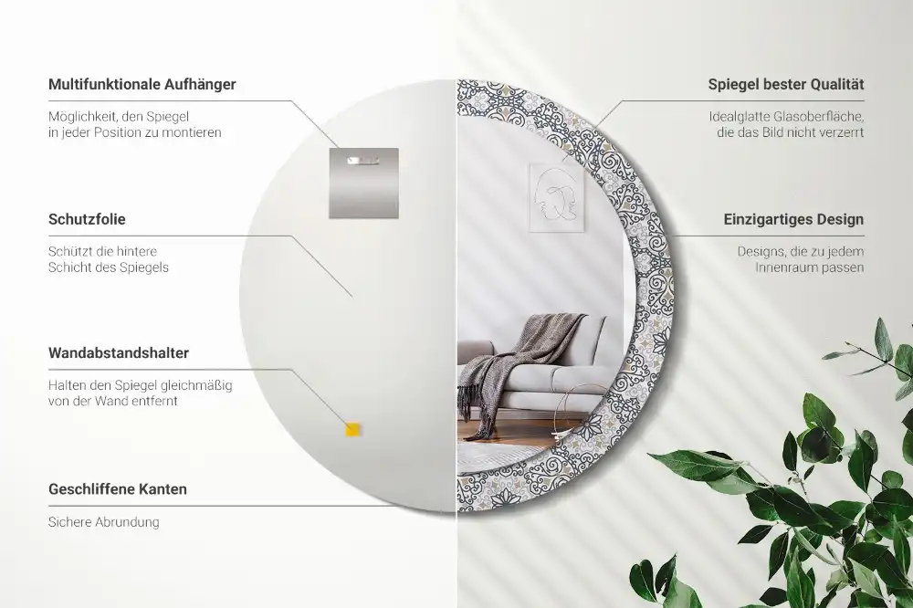 Oglindă rotundă decorativă de perete cu ornamente geometrice