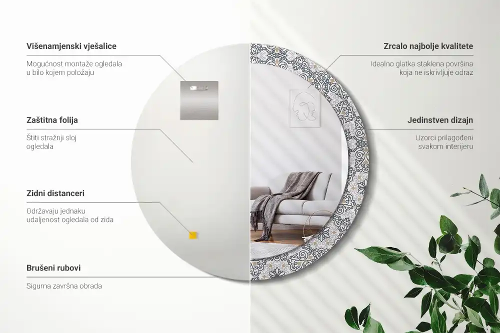 Oglindă rotundă decorativă de perete cu ornamente geometrice