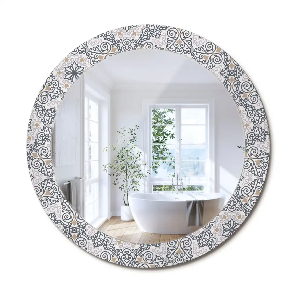 Oglindă rotundă decorativă de perete cu ornamente geometrice