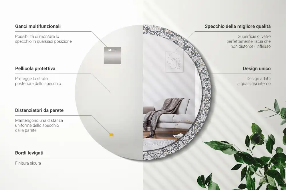 Oglindă rotundă decorativă de perete cu ornamente geometrice