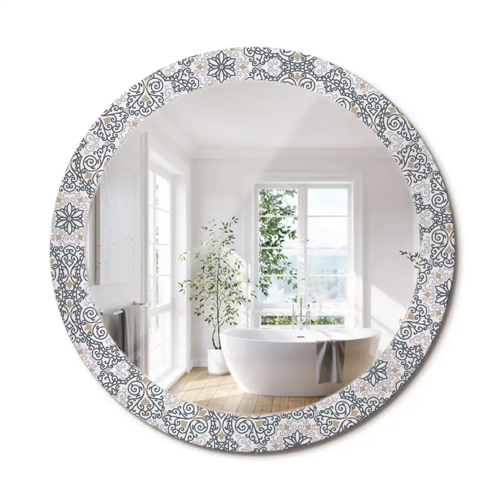 Oglindă rotundă decorativă de perete cu ornamente geometrice