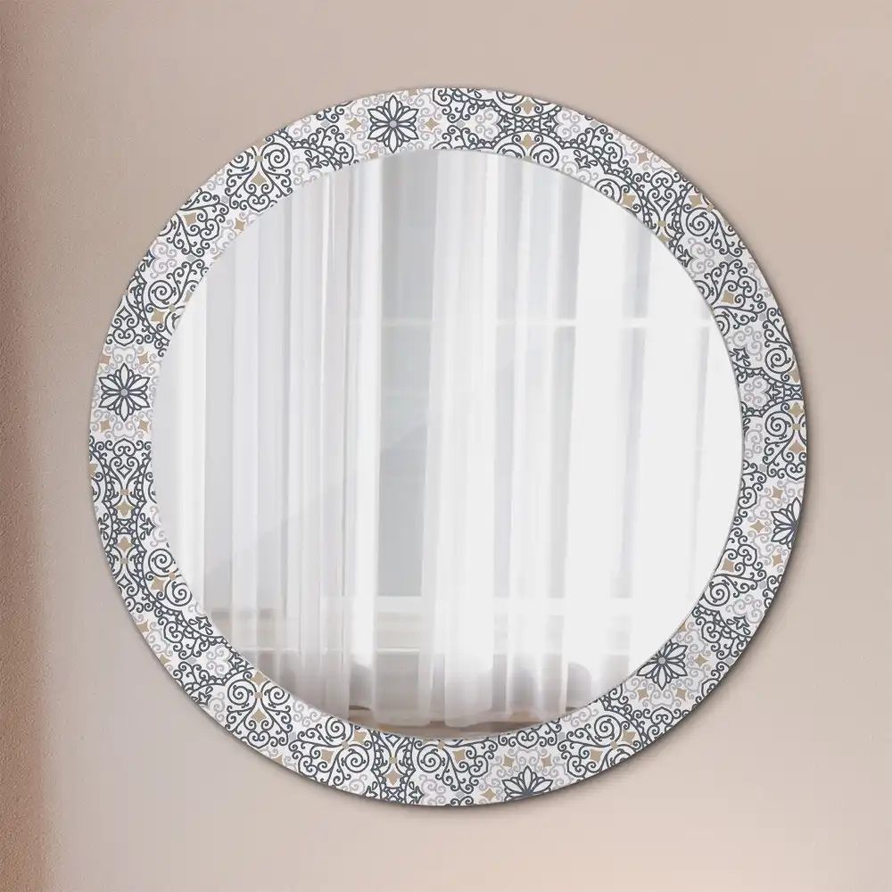 Oglindă rotundă decorativă de perete cu ornamente geometrice