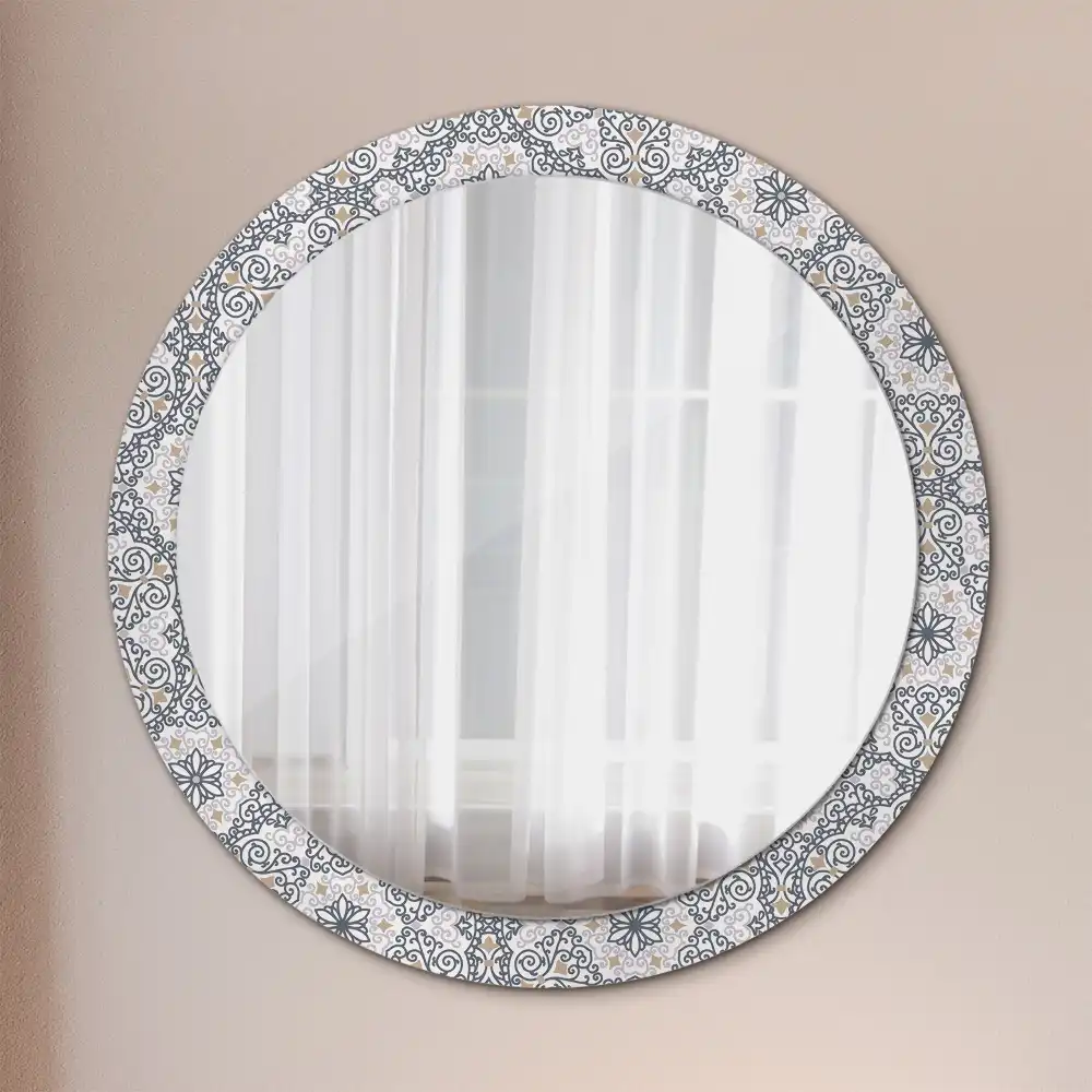 Oglindă rotundă decorativă de perete cu ornamente geometrice