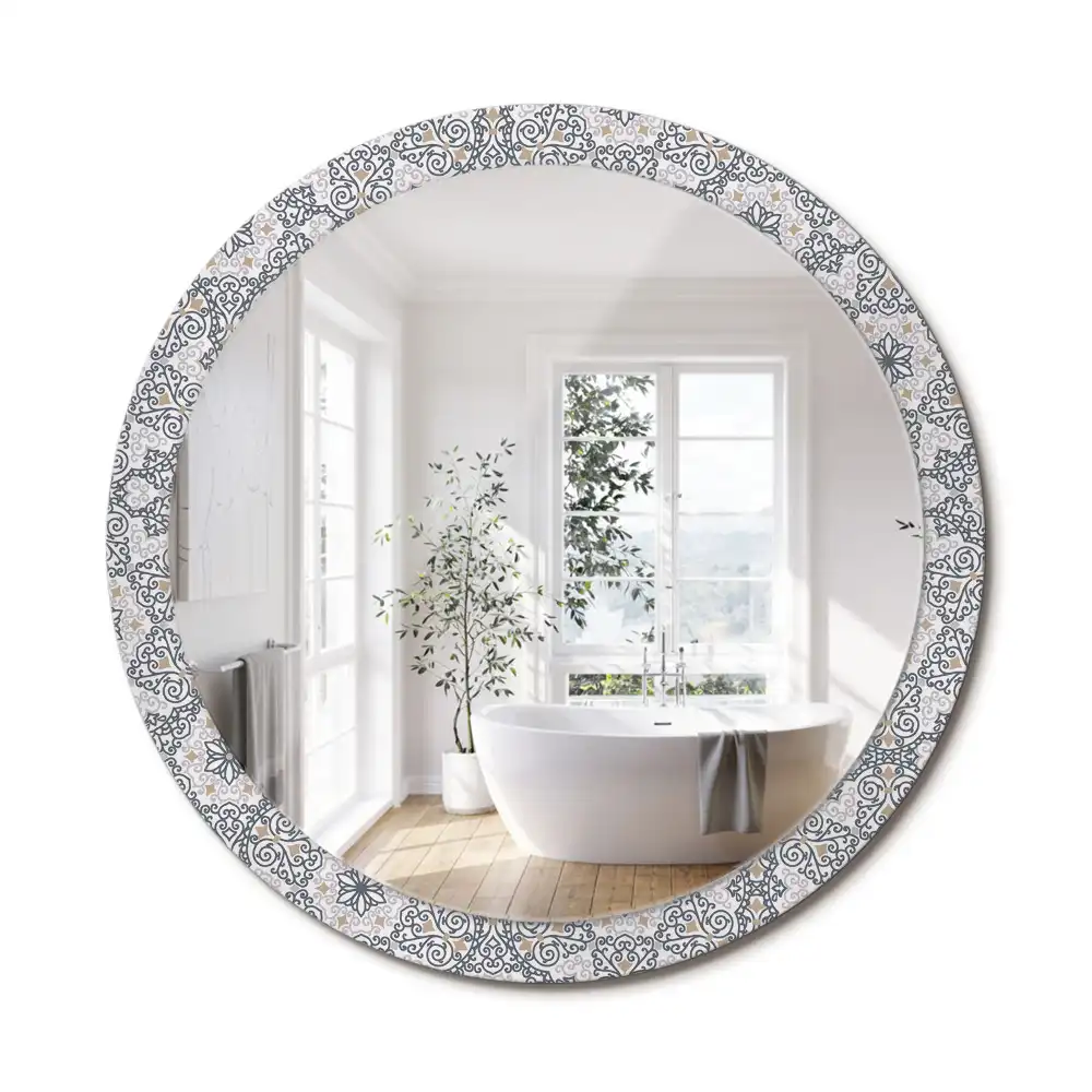 Oglindă rotundă decorativă de perete cu ornamente geometrice