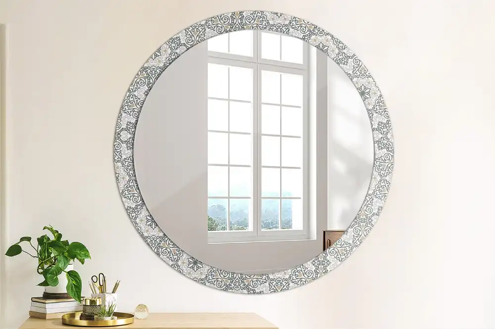 Oglindă rotundă decorativă de perete cu ornamente geometrice
