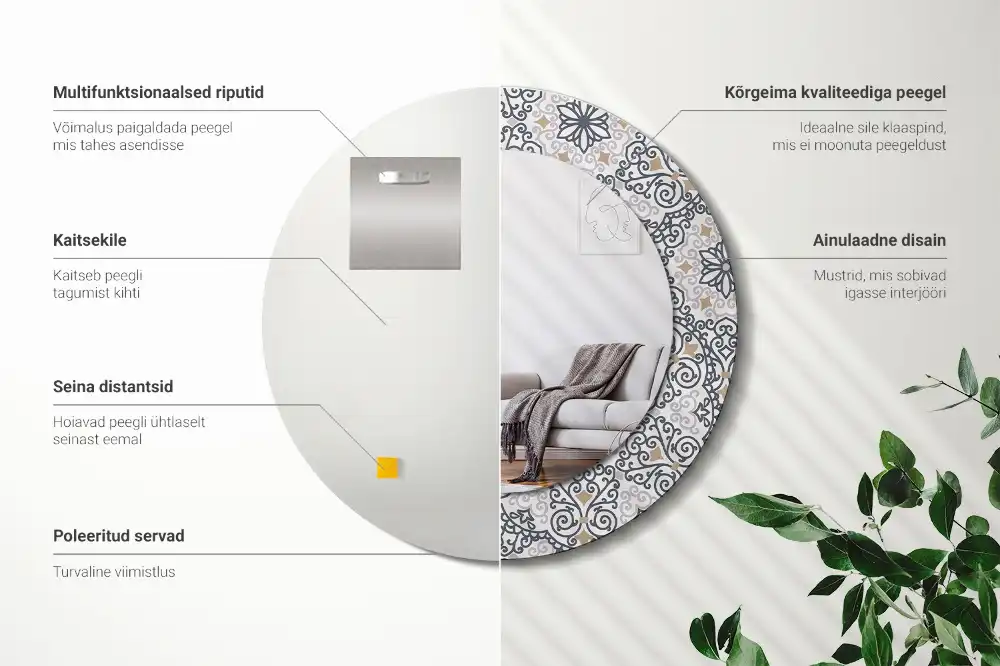 Oglindă rotundă decorativă de perete cu ornamente geometrice