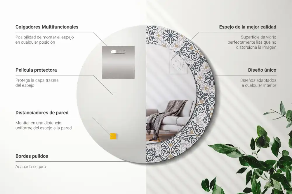Oglindă rotundă decorativă de perete cu ornamente geometrice
