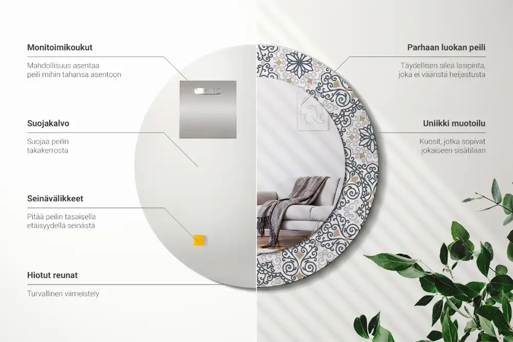Oglindă rotundă decorativă de perete cu ornamente geometrice