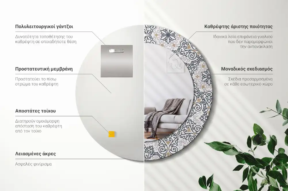 Oglindă rotundă decorativă de perete cu ornamente geometrice