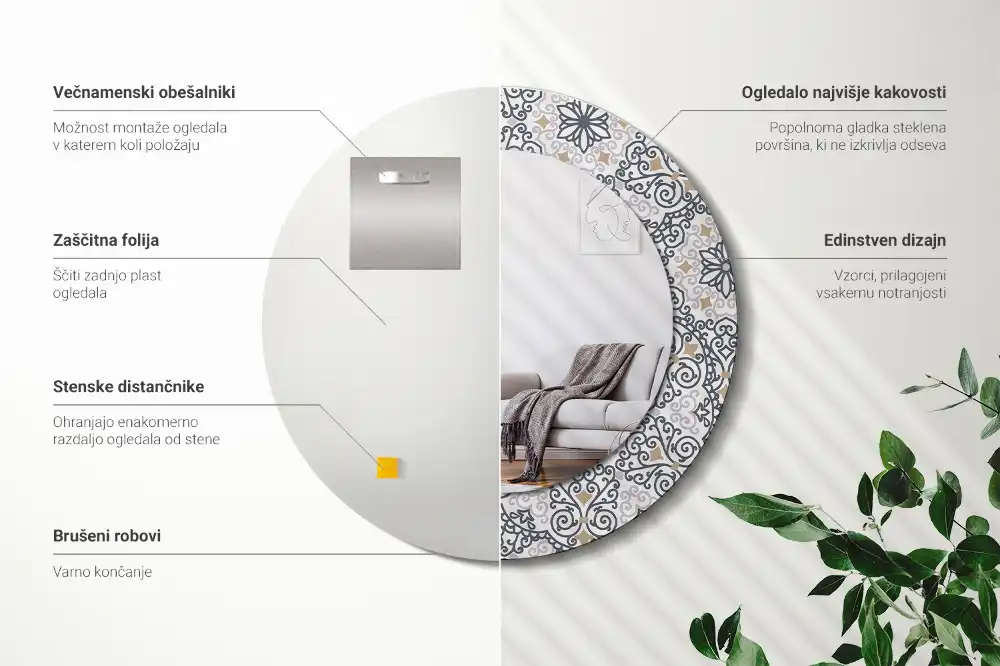 Oglindă rotundă decorativă de perete cu ornamente geometrice