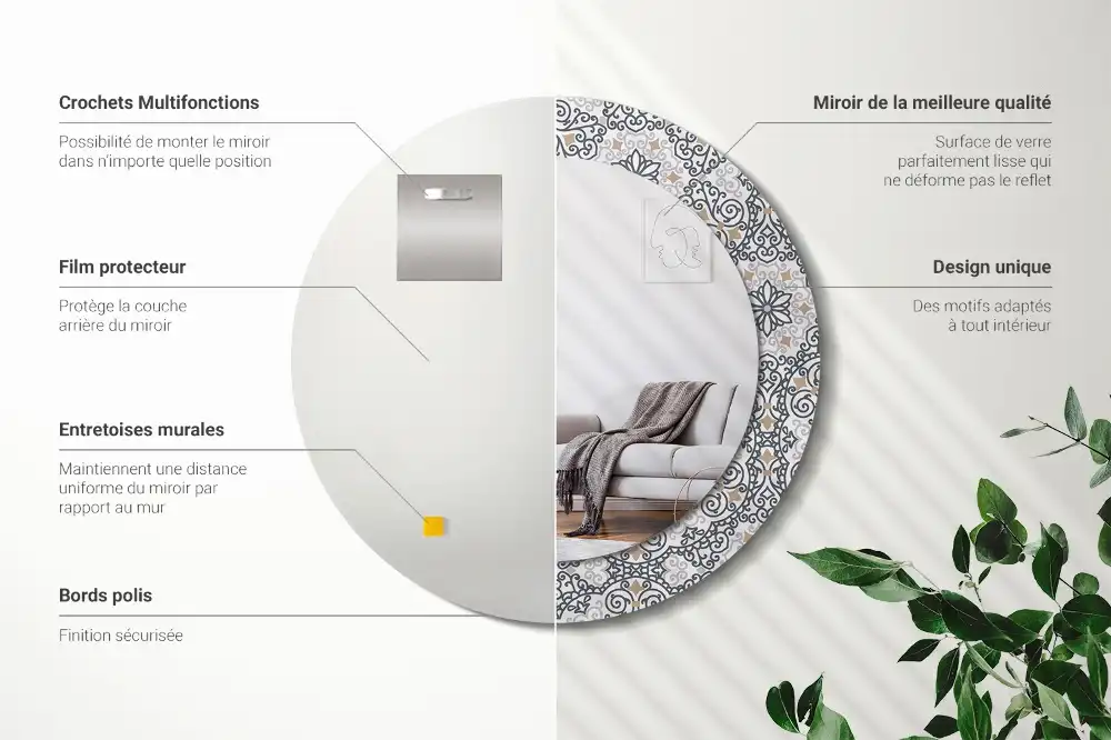 Oglindă rotundă decorativă de perete cu ornamente geometrice