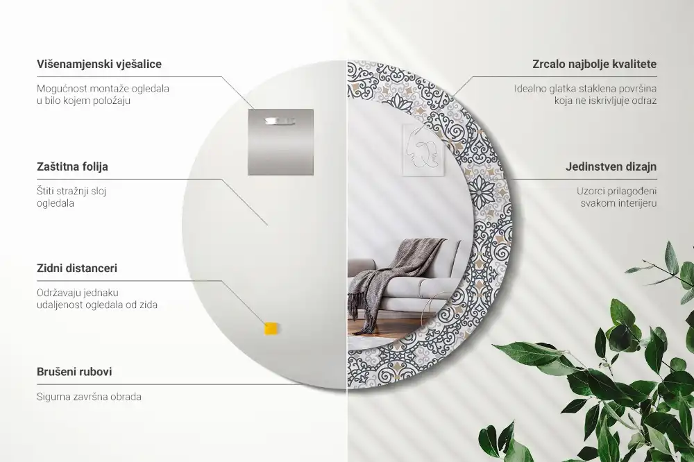 Oglindă rotundă decorativă de perete cu ornamente geometrice