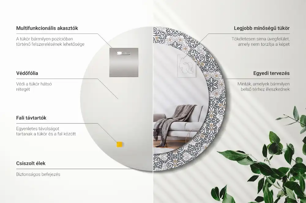 Oglindă rotundă decorativă de perete cu ornamente geometrice