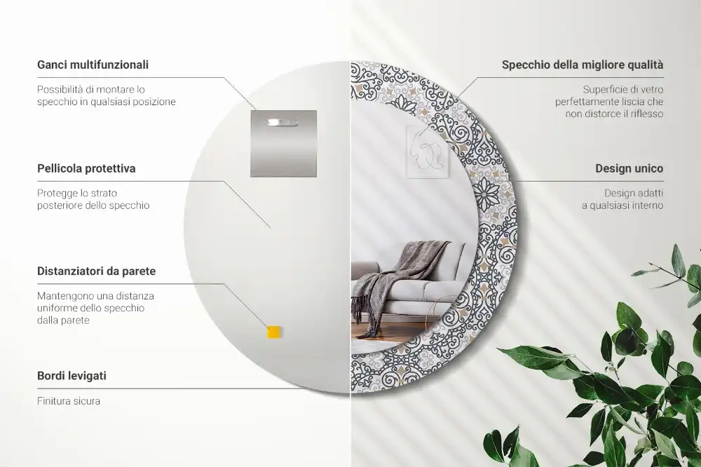 Oglindă rotundă decorativă de perete cu ornamente geometrice